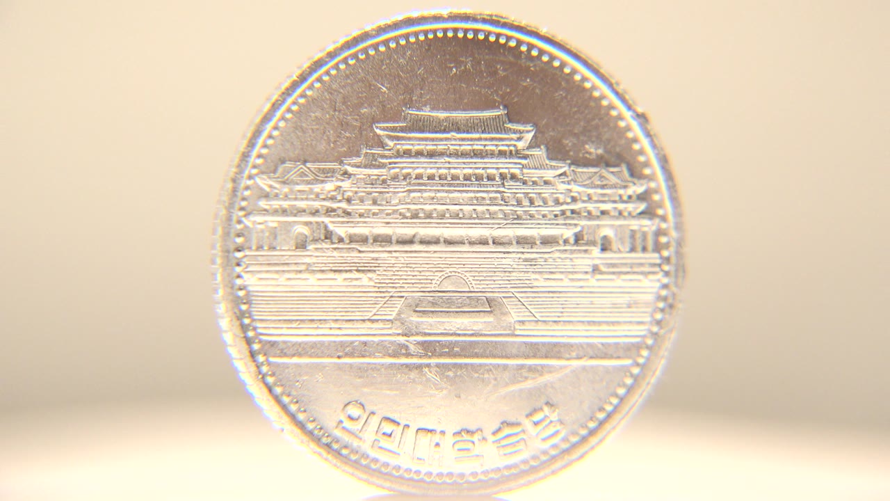 Large face-on view of a silver coin with foreign lettering.