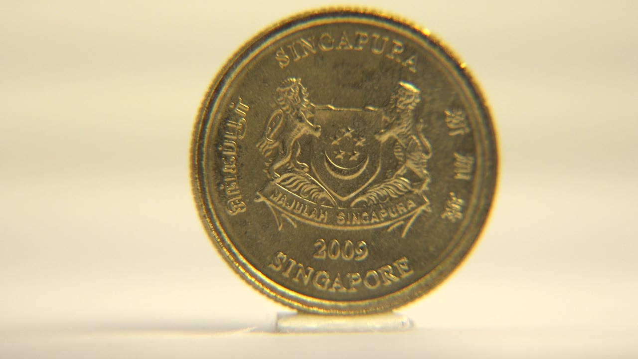 Front face of a Singapore coin standing upright.
