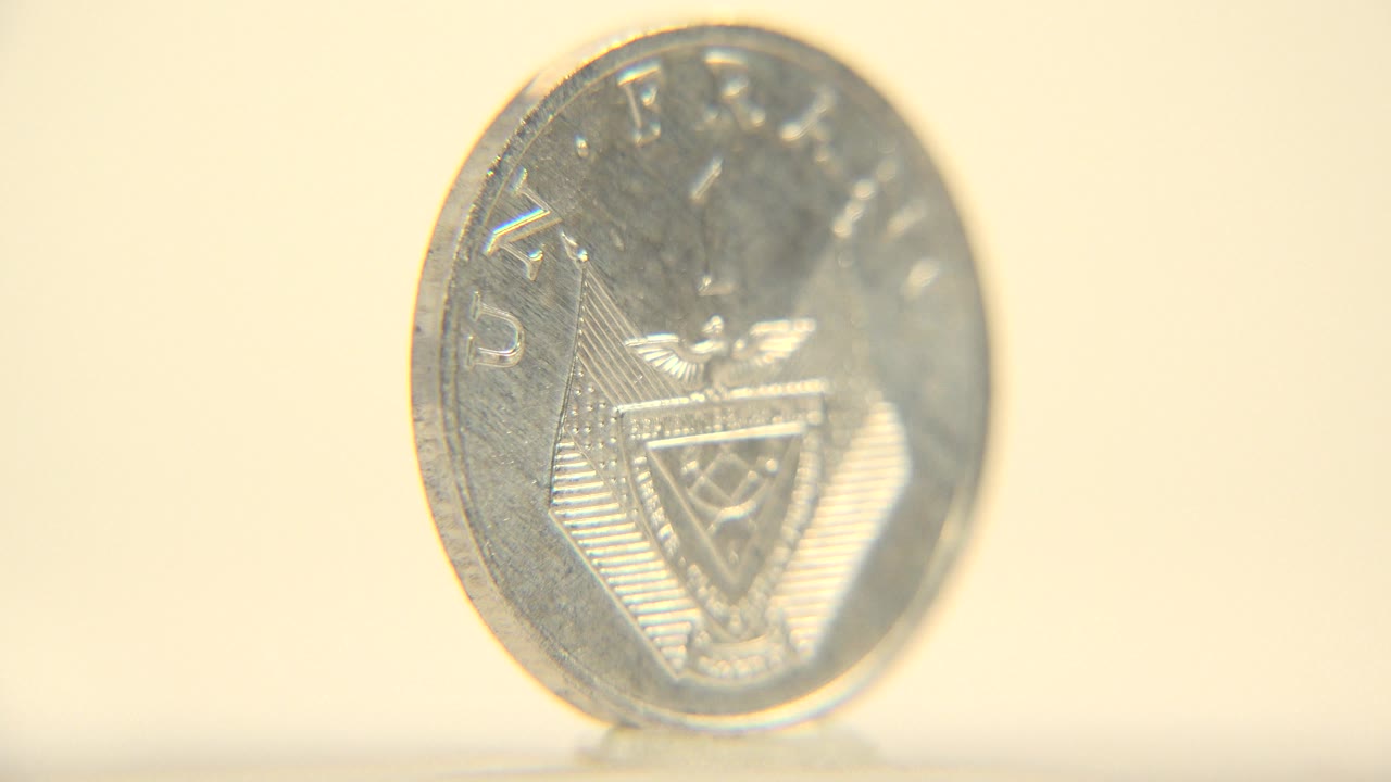 A silver coin stands upright near the left side of a pale blank frame, showing a partially blurred face with embossed text and no visible people.