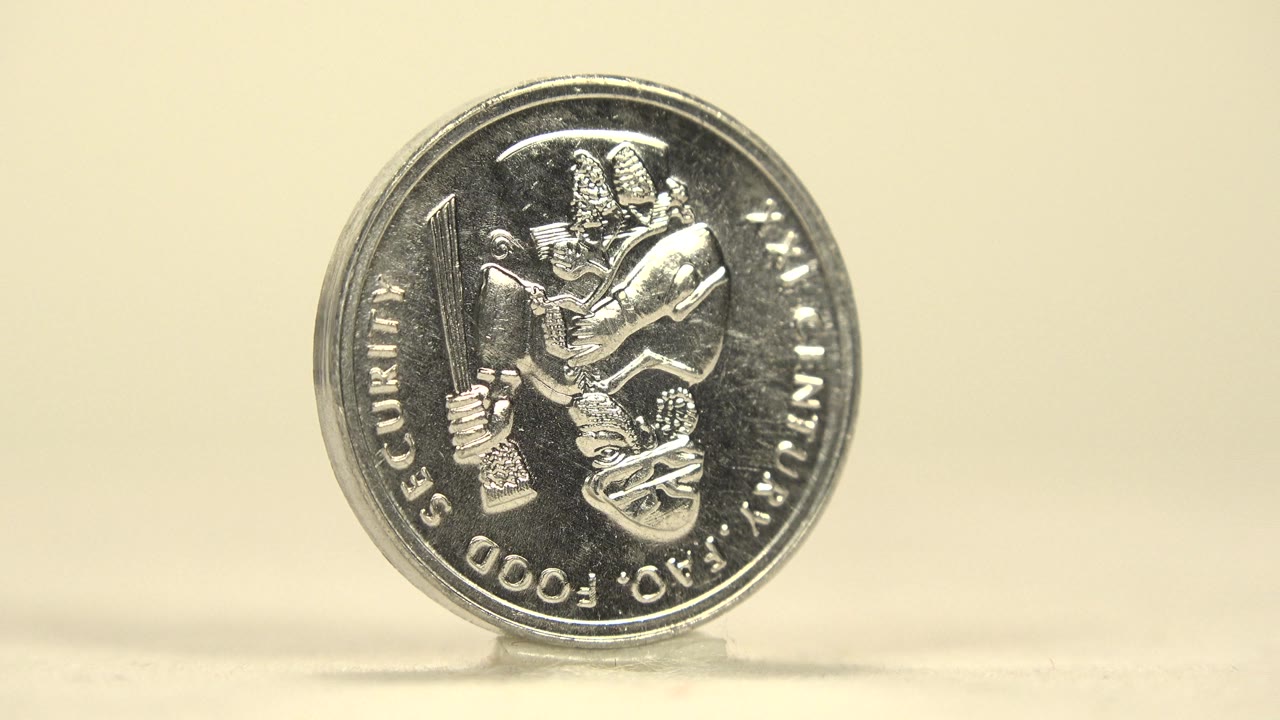 Silver coin upright on a pale tabletop with the figure side facing forward and no visible people.