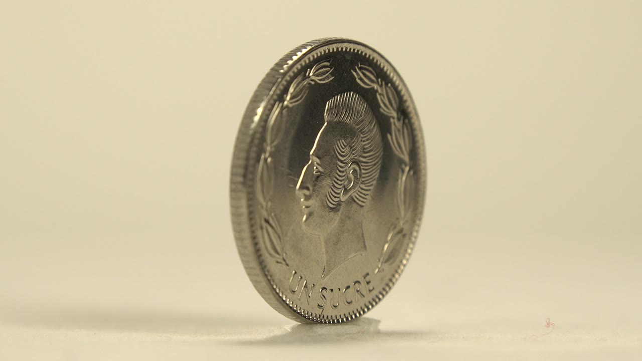 Spinning coin still upright with portrait side visible.