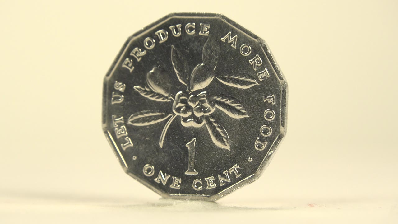 Front-facing silver Jamaican one cent coin with a floral design stands upright on a white table under warm light, with no visible people.