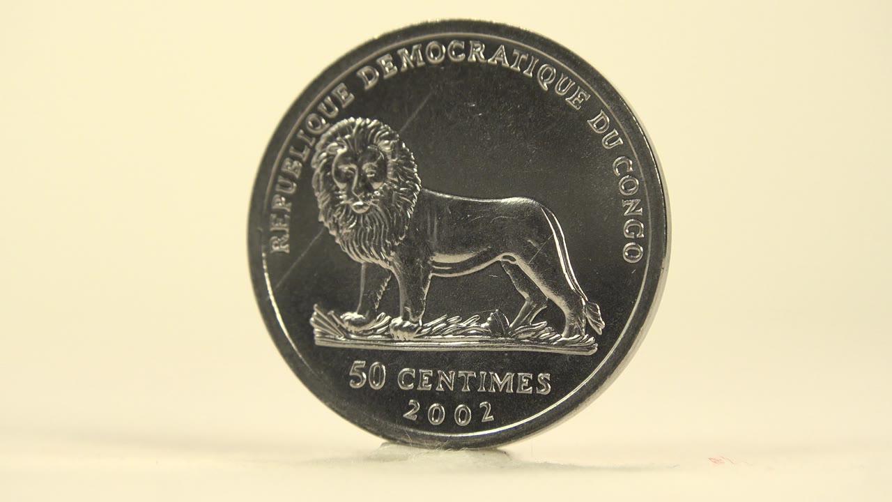A more centered front view shows the lion side of the 50 centimes coin, with bright edge highlights, a faint tabletop shadow, and no visible people.
