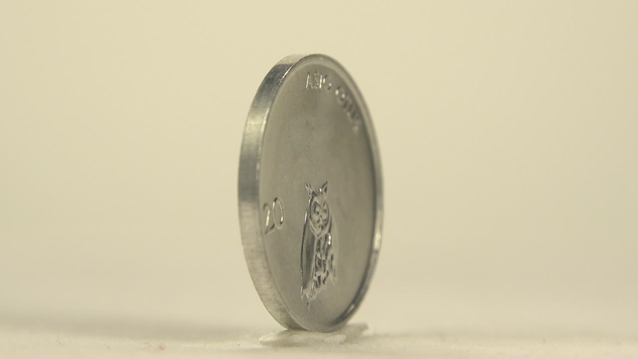 A silver-colored coin stands slightly angled on a pale tabletop, showing part of an owl design and the number 20, with no visible people.