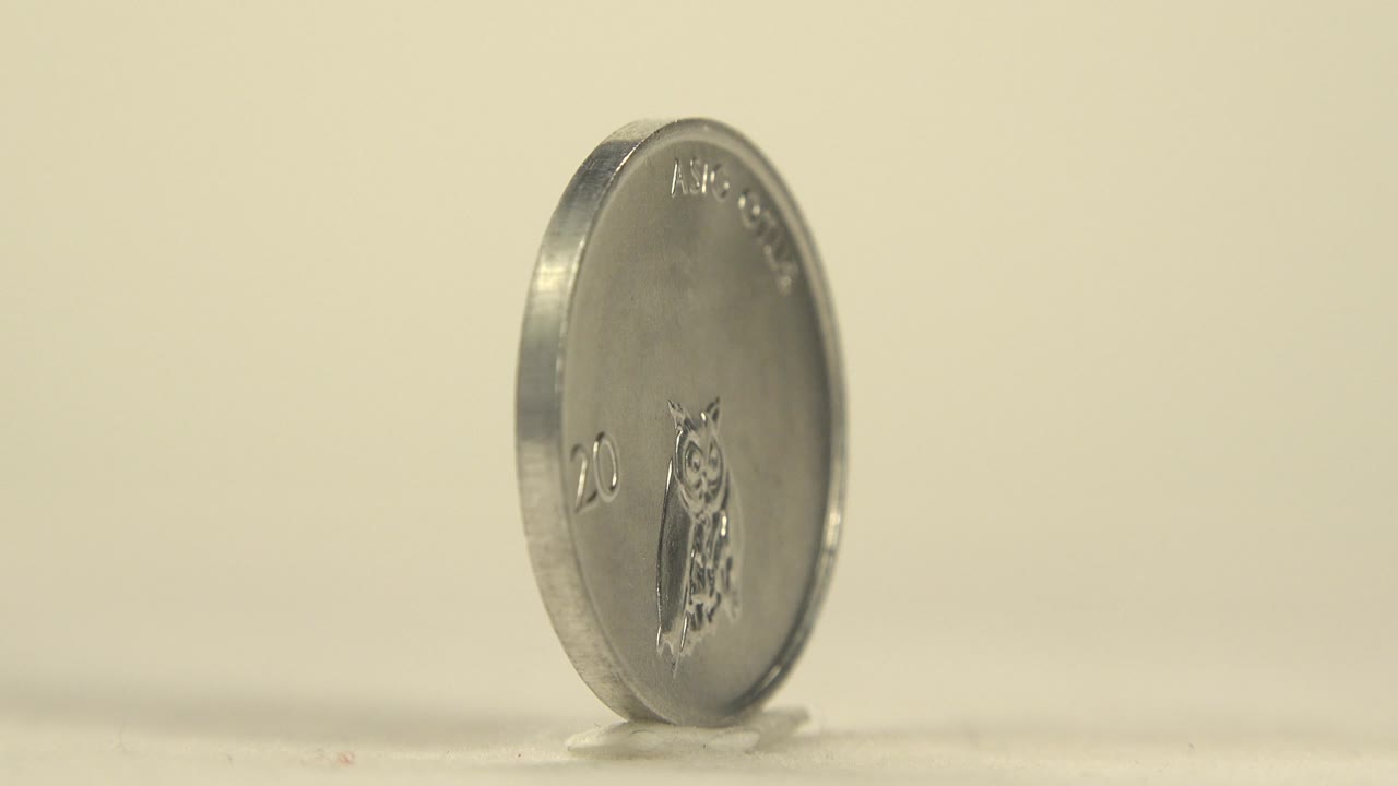 Silver coin upright with owl side partly turned from camera.