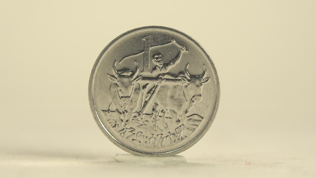 A silver-toned coin stands upright facing the camera, showing raised figures and animals on a pale surface with a warm cream background and no visible people.