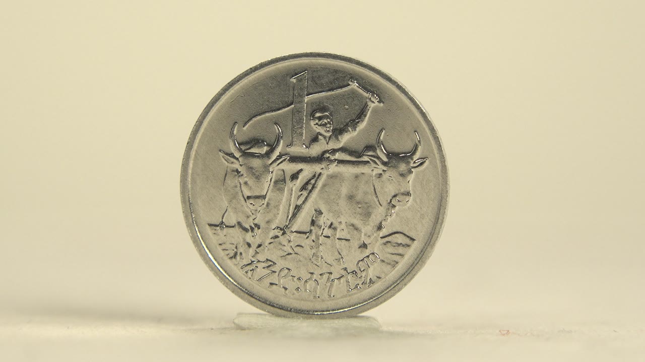 The upright coin still faces forward, with the relief design of a central figure and two animals visible against the plain cream background and no visible people.