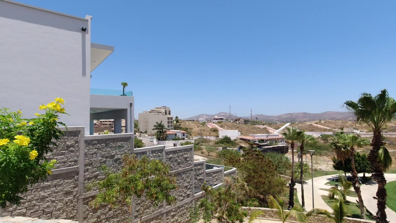 Opening view in San Jose del Cabo with a white modern building at left, stone terrace walls, yellow flowering shrubs, palms, distant dry hills, and no visible people.