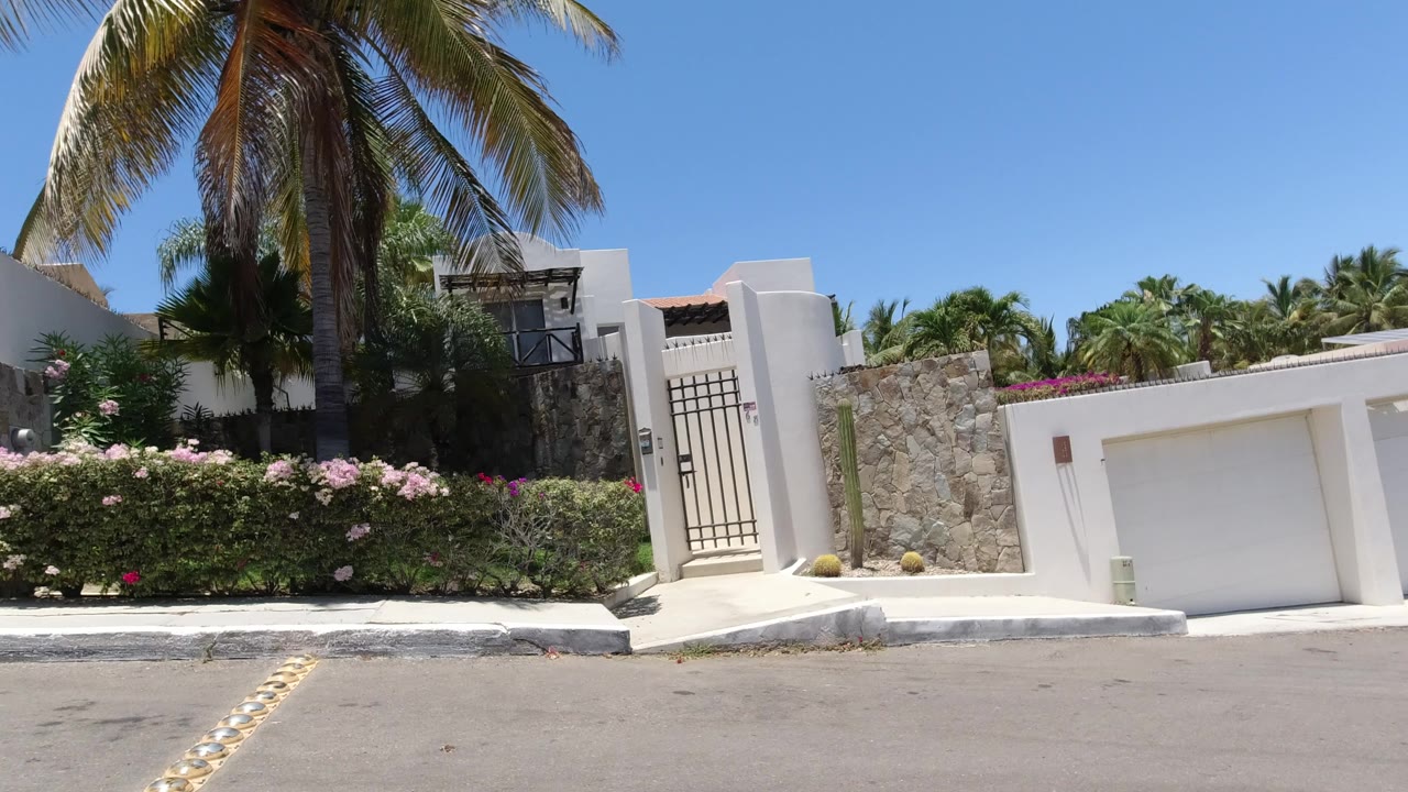 San Jose del Cabo residential wall with a white garage, metal pedestrian gate, stone section, flowering hedge, tall palm, blue sky, and no visible people.