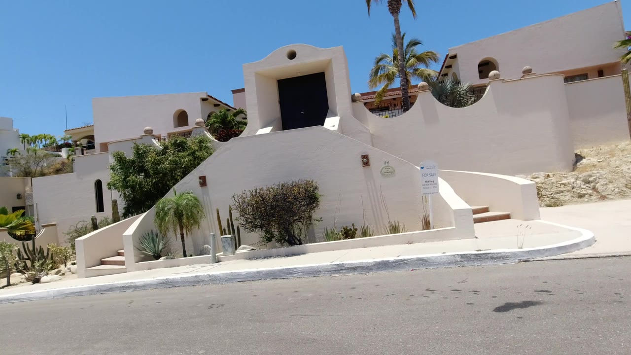Sunlit San Jose del Cabo building facade with arched openings, a dark elevated doorway, curved white walls, palm trees, and no visible people.