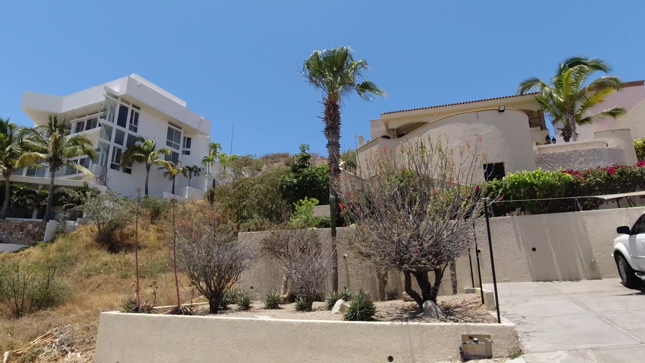 A San Jose del Cabo roadside view shows two villas behind a low wall, dry planting beds, palm trees, hillside brush, and no visible people.