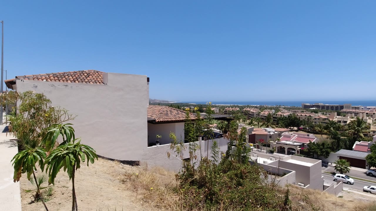San Jose del Cabo neighborhood view with the large pale wall and tile roof still prominent on the left, trees and shrubs in the foreground, houses and parked cars below, and no visible people.
