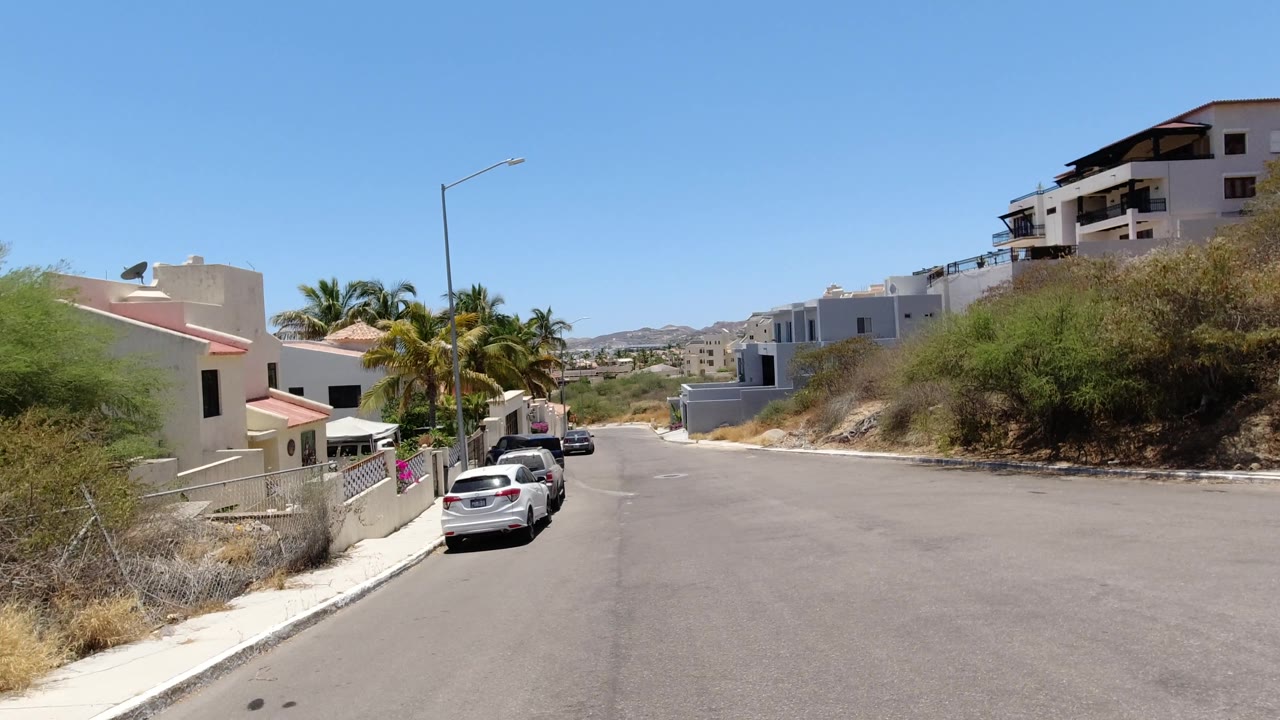 Downhill residential street with white car, homes, palms, and dry brush.