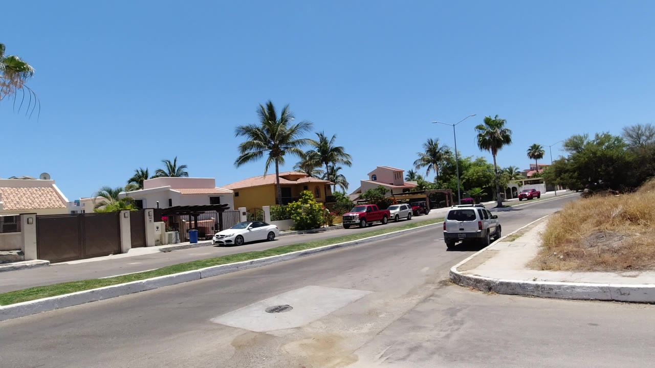 Residential street with parked cars, palm trees, and gated homes.