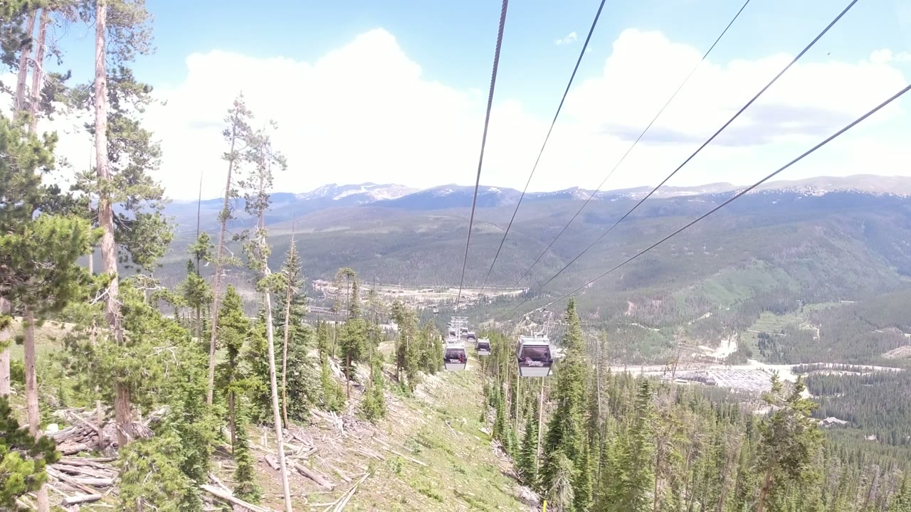 Wide view in Winter Park, Colorado of gondola cables running over a forested slope toward distant mountains, with no visible people outside the cabins.