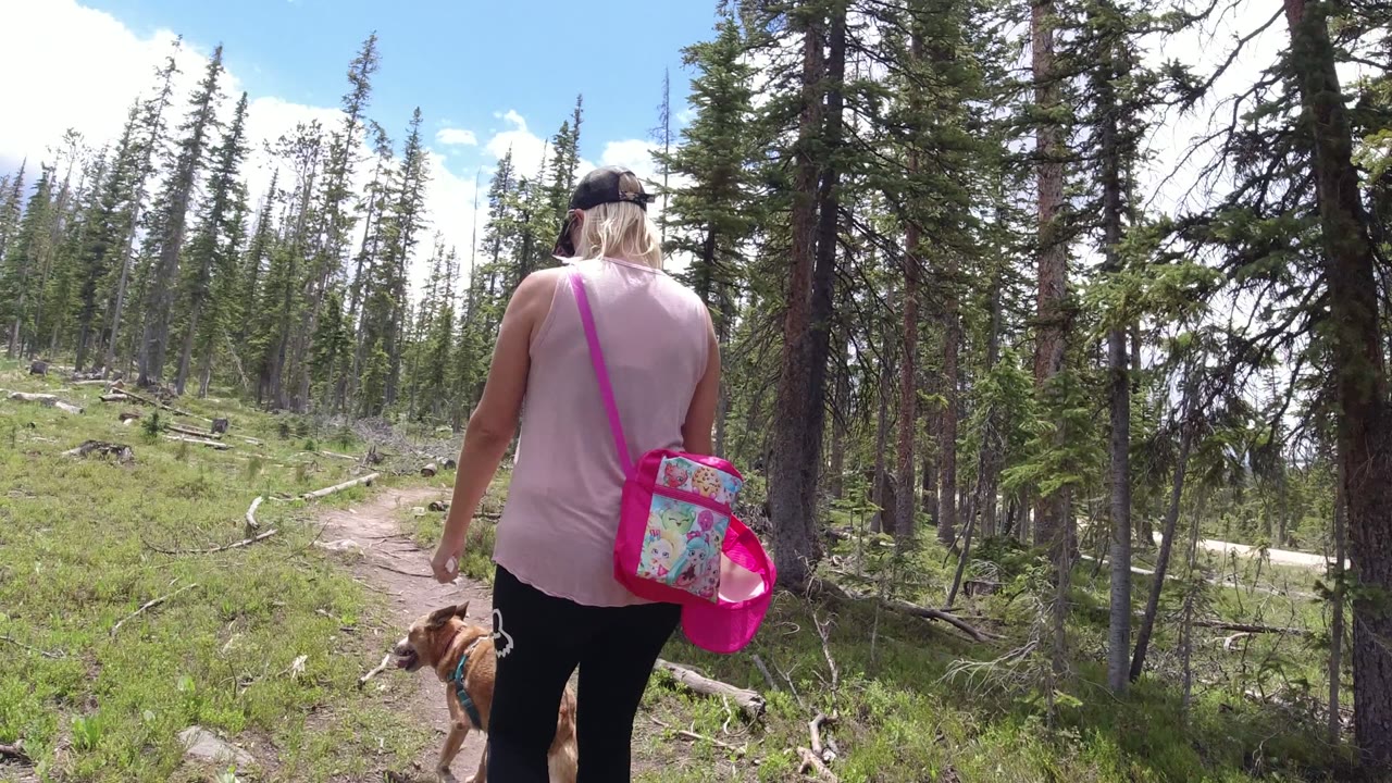 One second in, the woman and dog are centered on the dirt trail with tall evergreens and scattered deadfall around the path in Winter Park, Colorado.