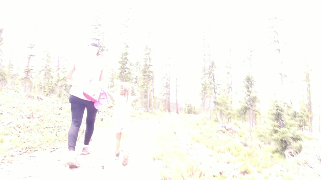 Two people walk away from the camera on an overexposed wooded trail in Winter Park, Colorado, with tall trees and brush around the path.