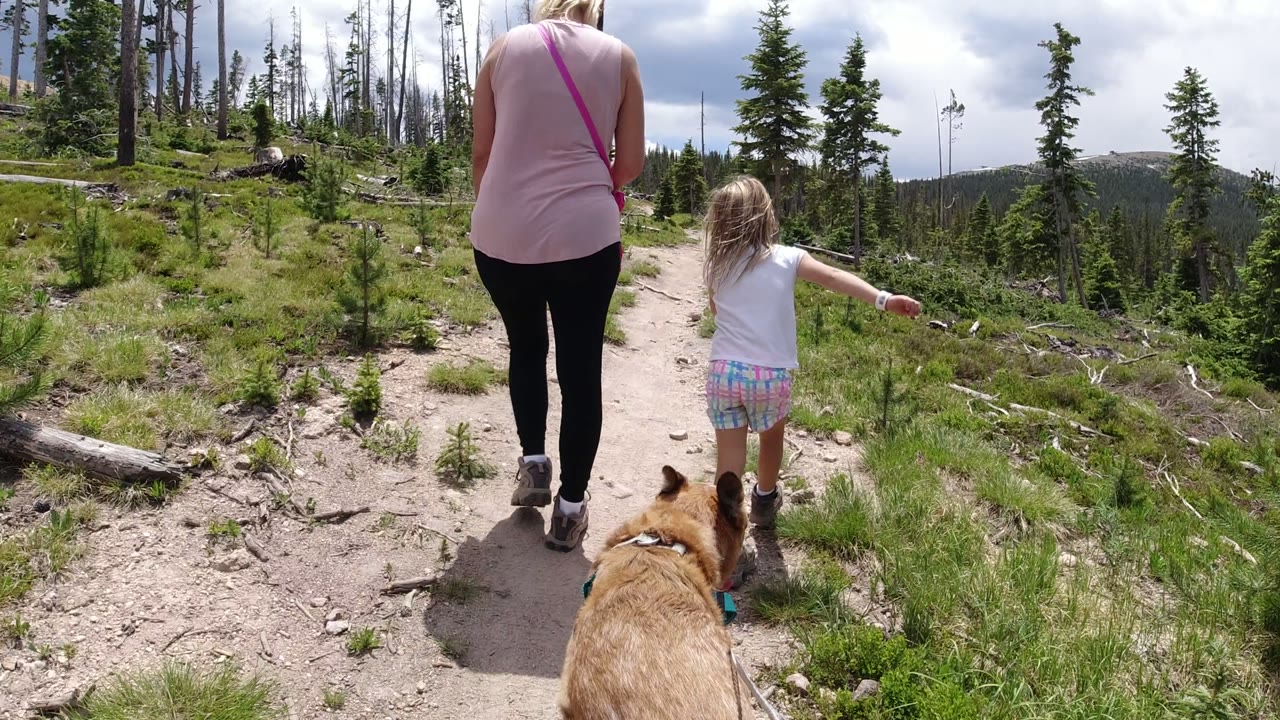 Woman, child, and dog walking on a dirt mountain trail