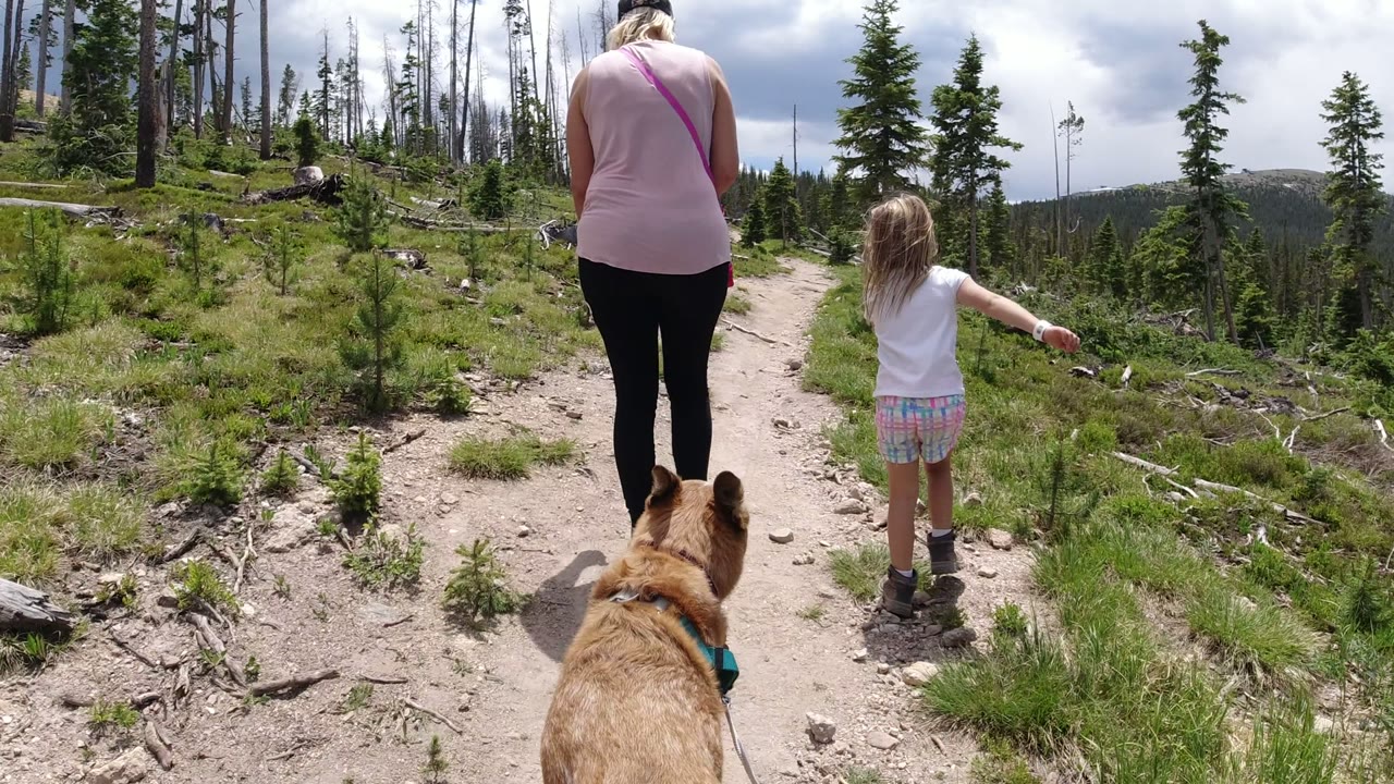 At 0:01 in Winter Park, Colorado, the girl extends one arm while walking beside the woman, with the leashed dog centered at the bottom of the trail view.