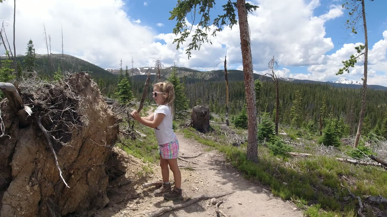 Child holding a stick beside a large dirt mound on a mountain trail.