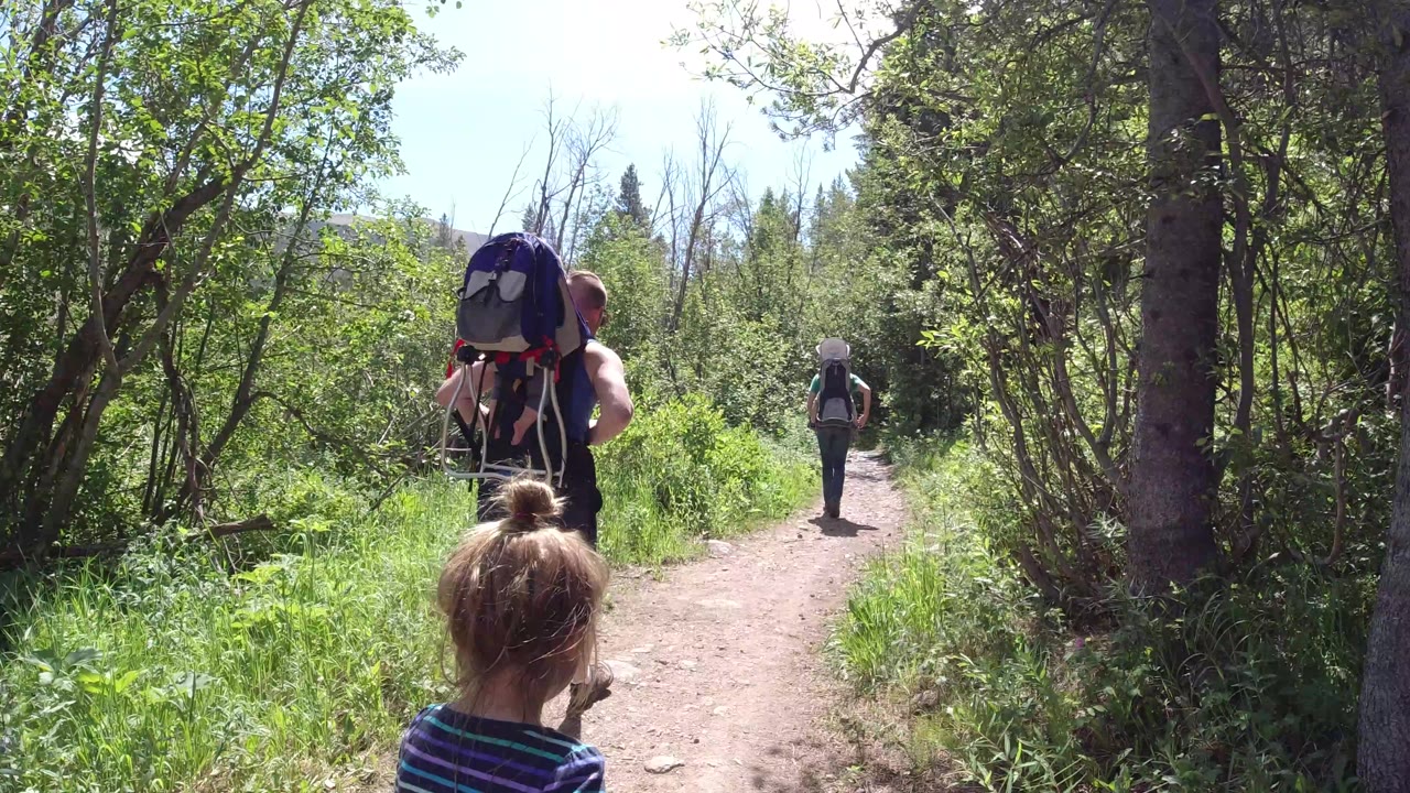 The child remains in the lower foreground while two adults with packs walk farther ahead on the Winter Park forest path under bright sun.