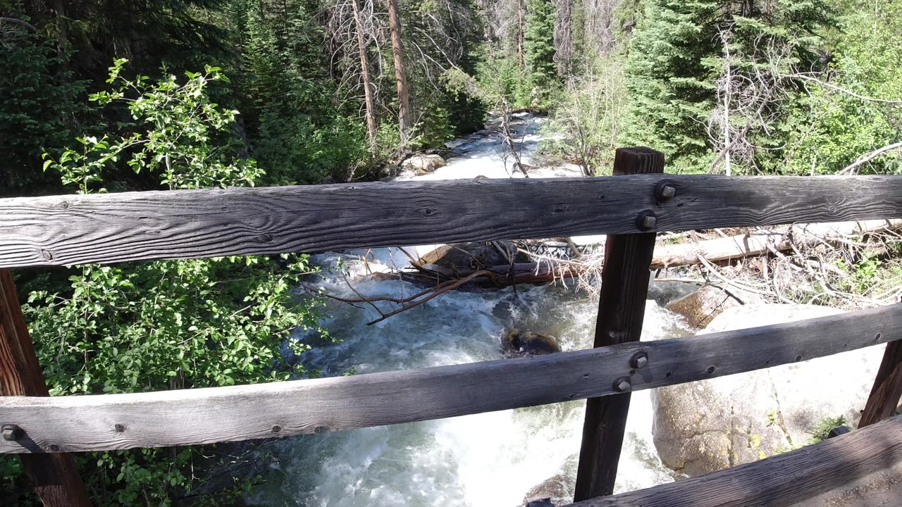 At 0:01, the bridge rail remains prominent while bright whitewater churns below and conifer trees fill the background in Winter Park, Colorado, with no visible people.