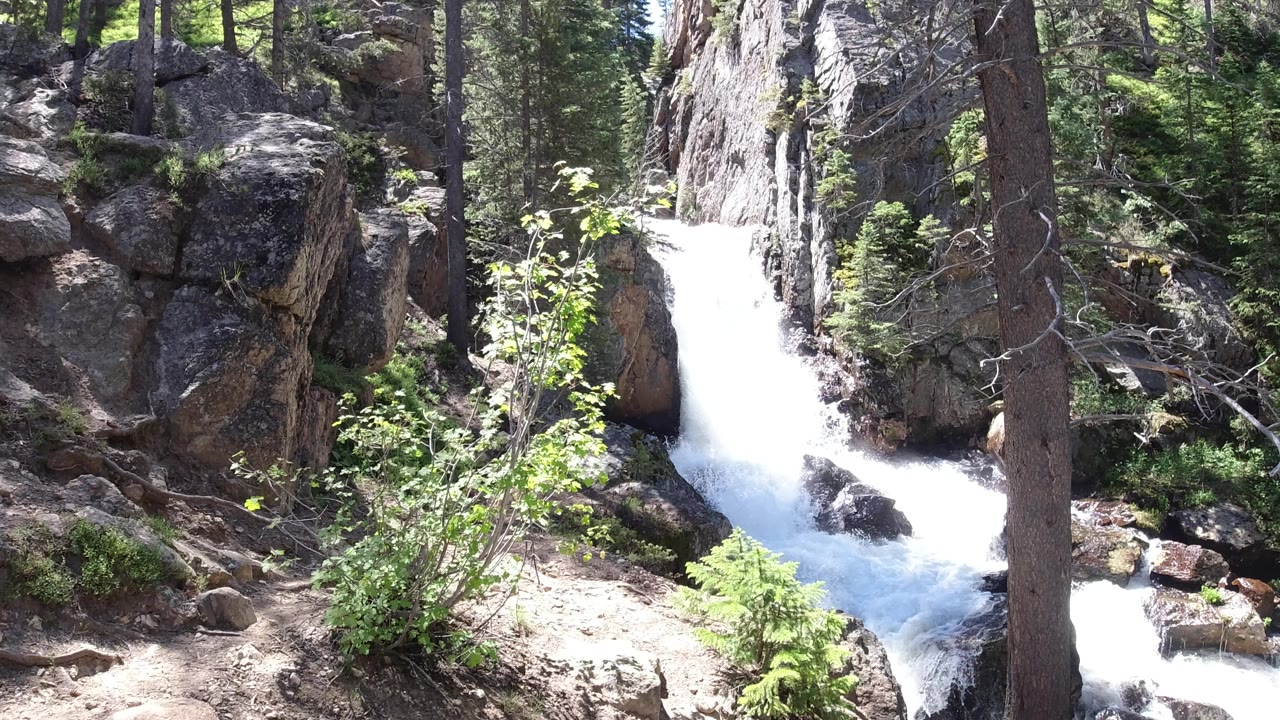 Rushing waterfall between boulders in a forest.