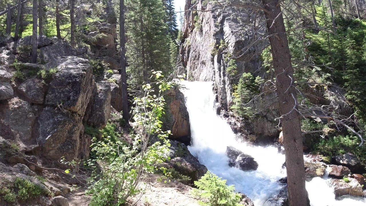 The cascade appears slightly fuller in the channel, with a vertical pine trunk near center, dark rocks on both sides, and no visible people in Winter Park, Colorado.