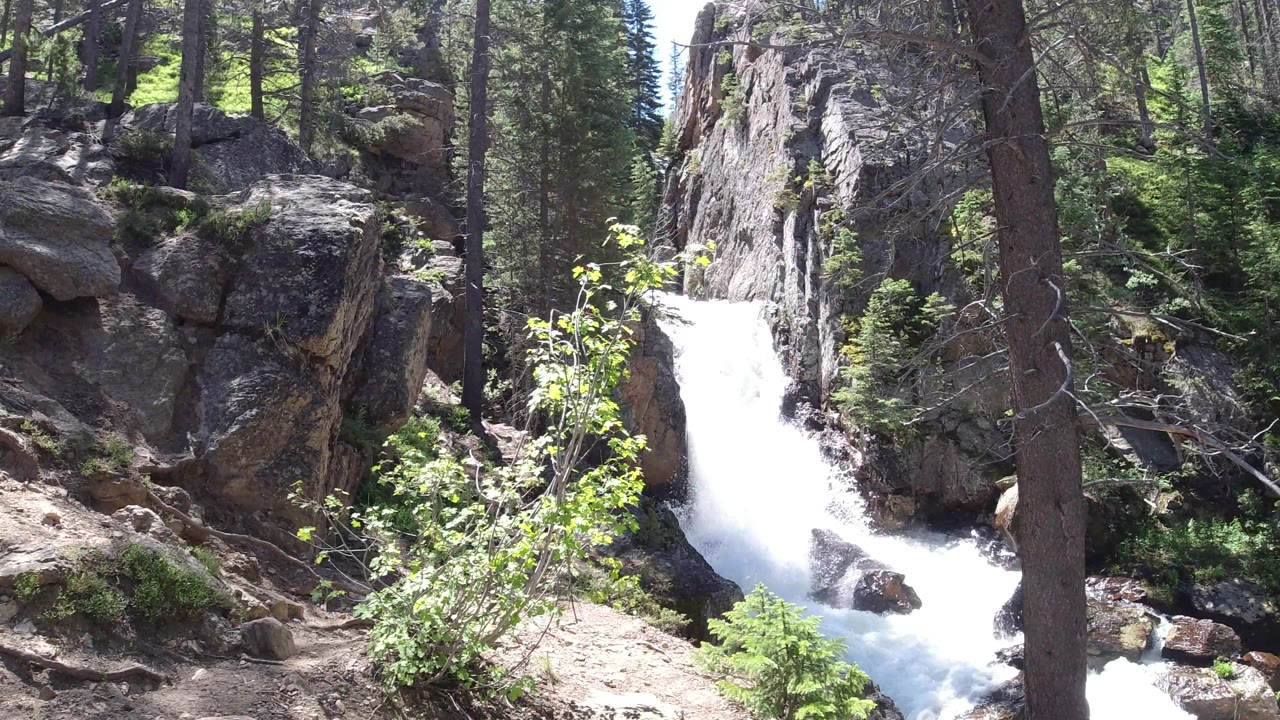 Bright cascade dropping between rocks and trees.
