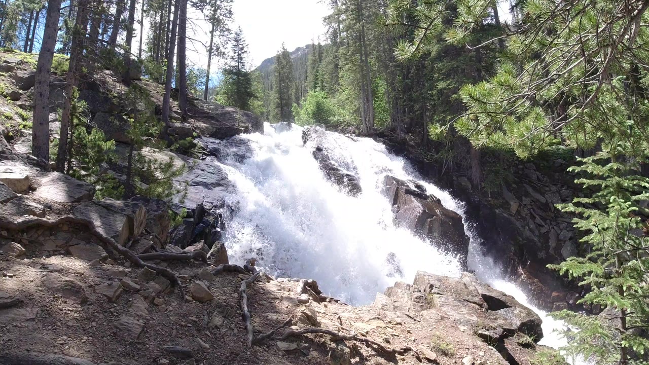 At 0:00, white water drops over dark rocks in Winter Park, Colorado, with pine trunks, exposed roots, bright sun, and no visible people.