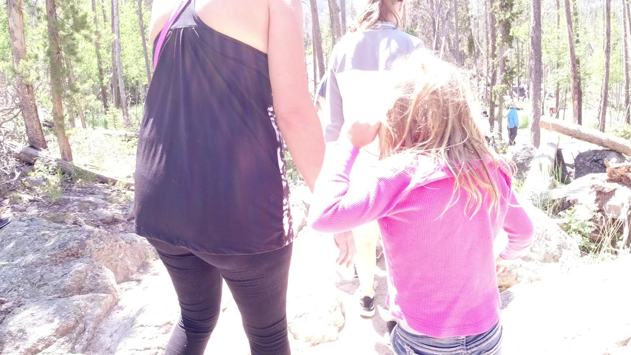 Woman and child walking away on a bright forest trail.