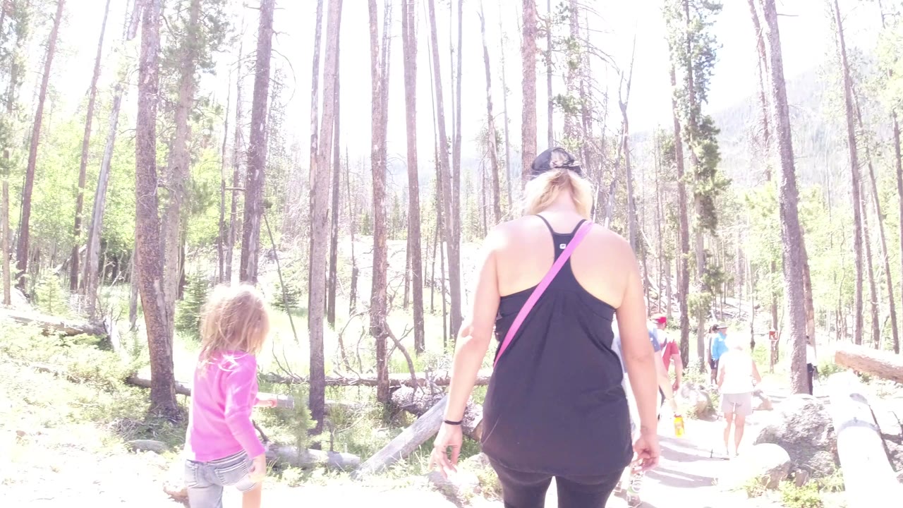 Woman and child walking down a bright forest stair trail