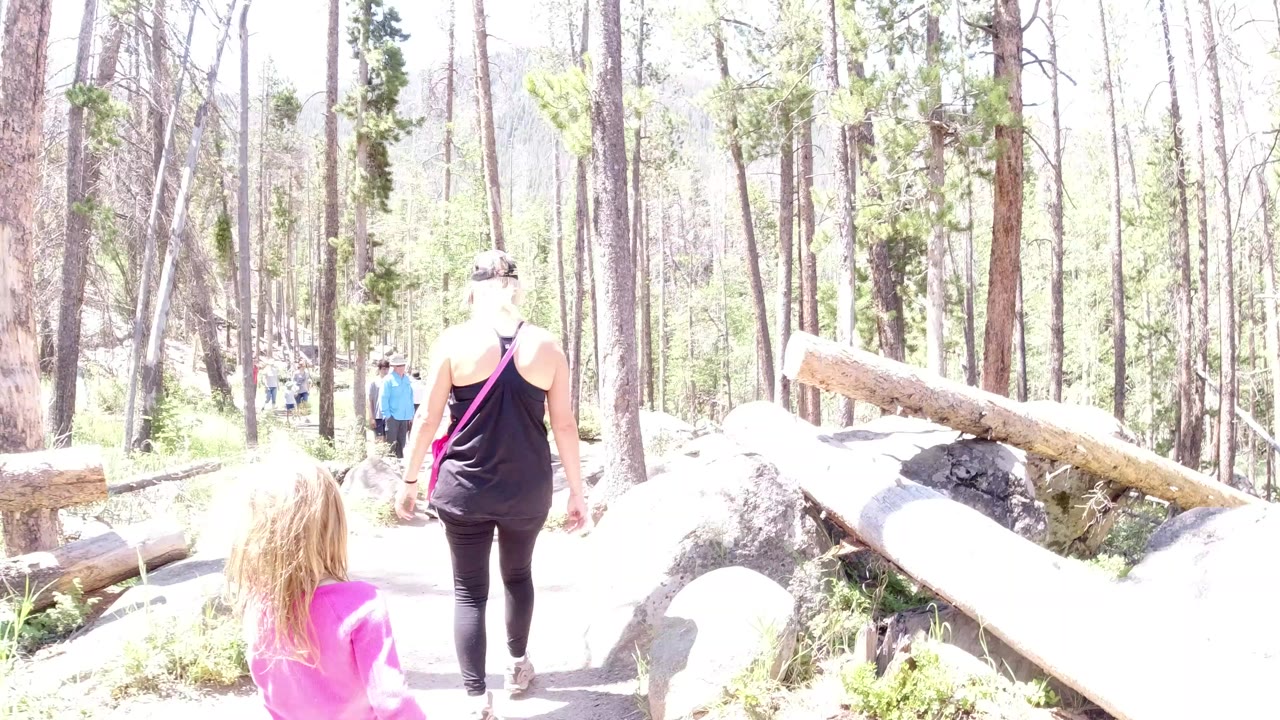 In Winter Park, Colorado, a girl in a bright pink top and an adult woman in black walk away from the camera on a paved path between trees, rocks, and fallen logs.