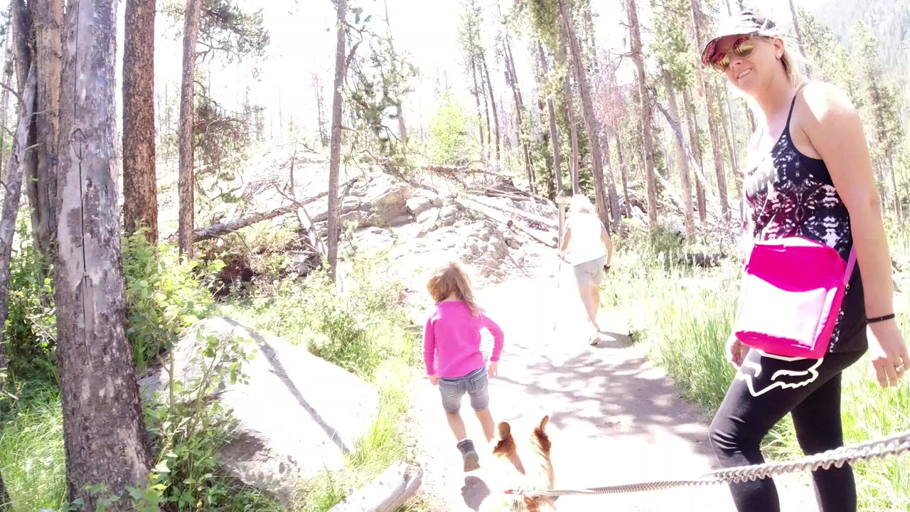 In Winter Park, Colorado, a woman with a pink bag stands near the camera while a child, an adult, and a leashed dog move along a bright forest trail.