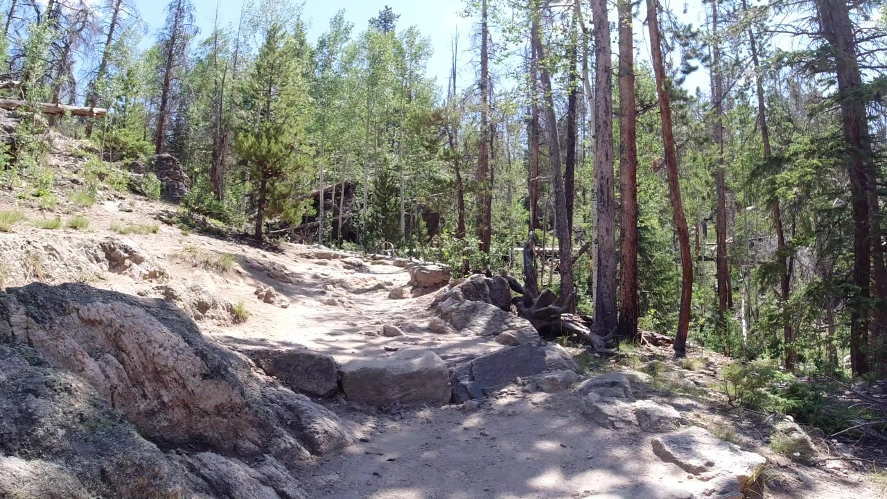 The Winter Park, Colorado footpath continues past large rocks and tall trees under hard sunlight, with dense green foliage in the background and no visible people.