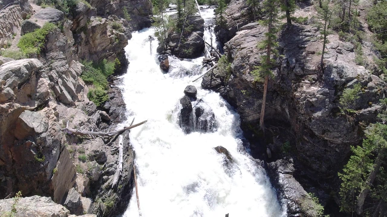 Bright white water churning beside rock ledges and trees.