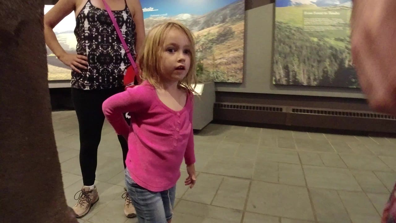 Young girl in a pink shirt standing near adults in a gallery room.
