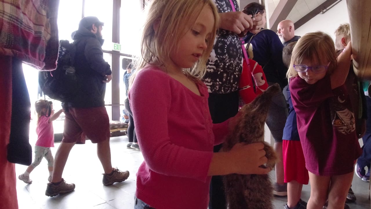 In Winter Park, Colorado, the girl keeps the brown cloth in front of her while visitors pass near glass doors and a child in purple stands nearby.