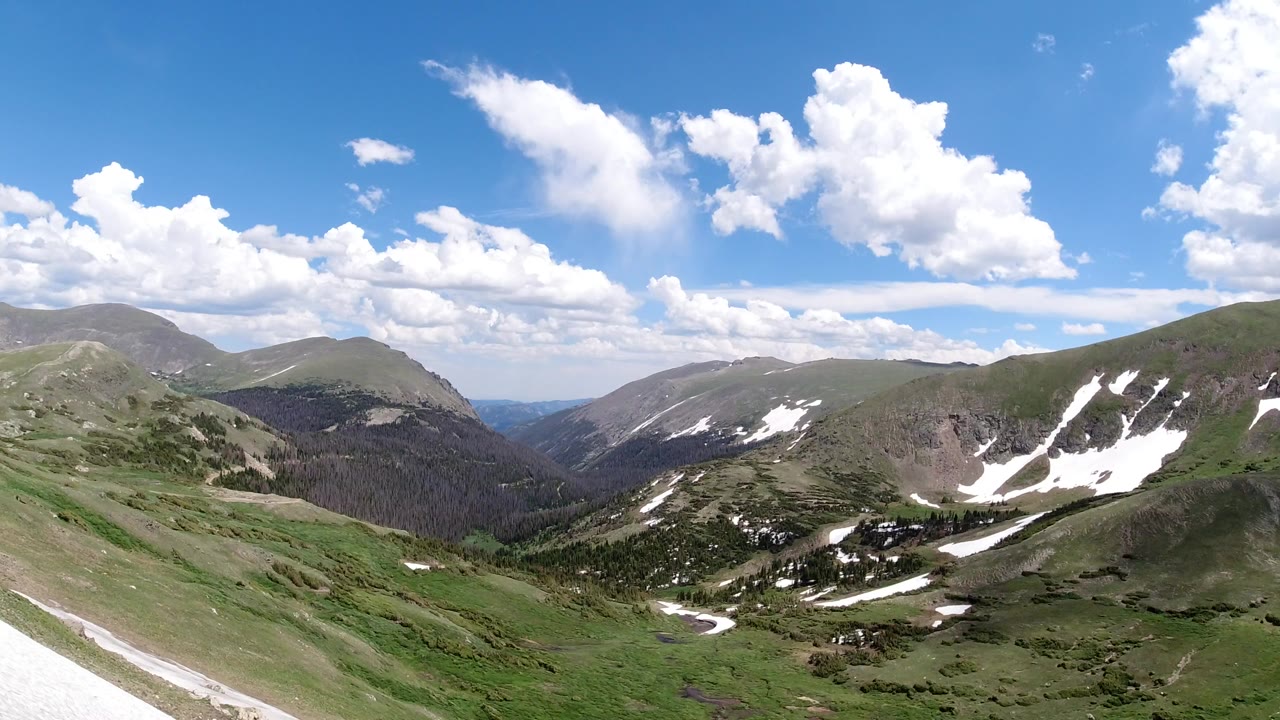 Wide mountain panorama with green ridges, snow patches, clouds, and no visible people.