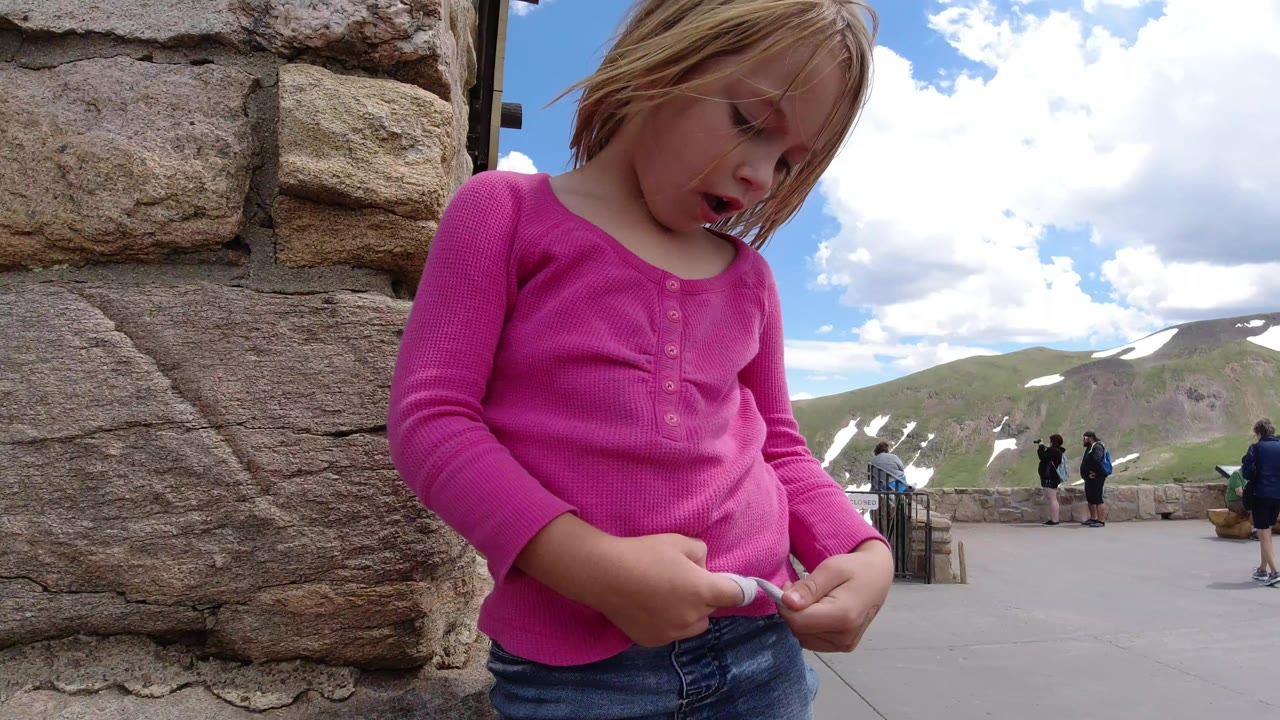 Young girl in a pink shirt beside a stone wall at a mountain overlook.