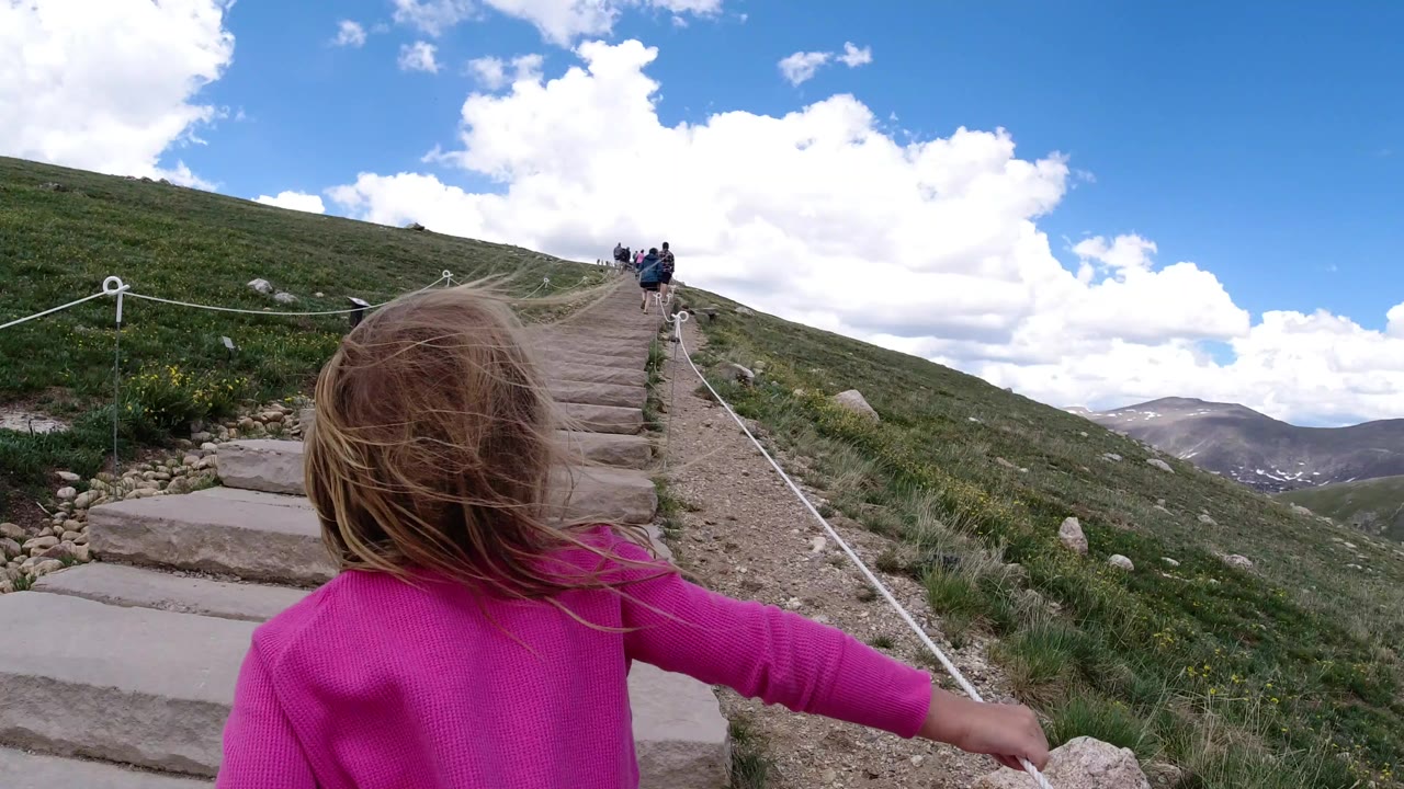 Girl in a pink shirt hiking uphill beside stone steps and rope rails.