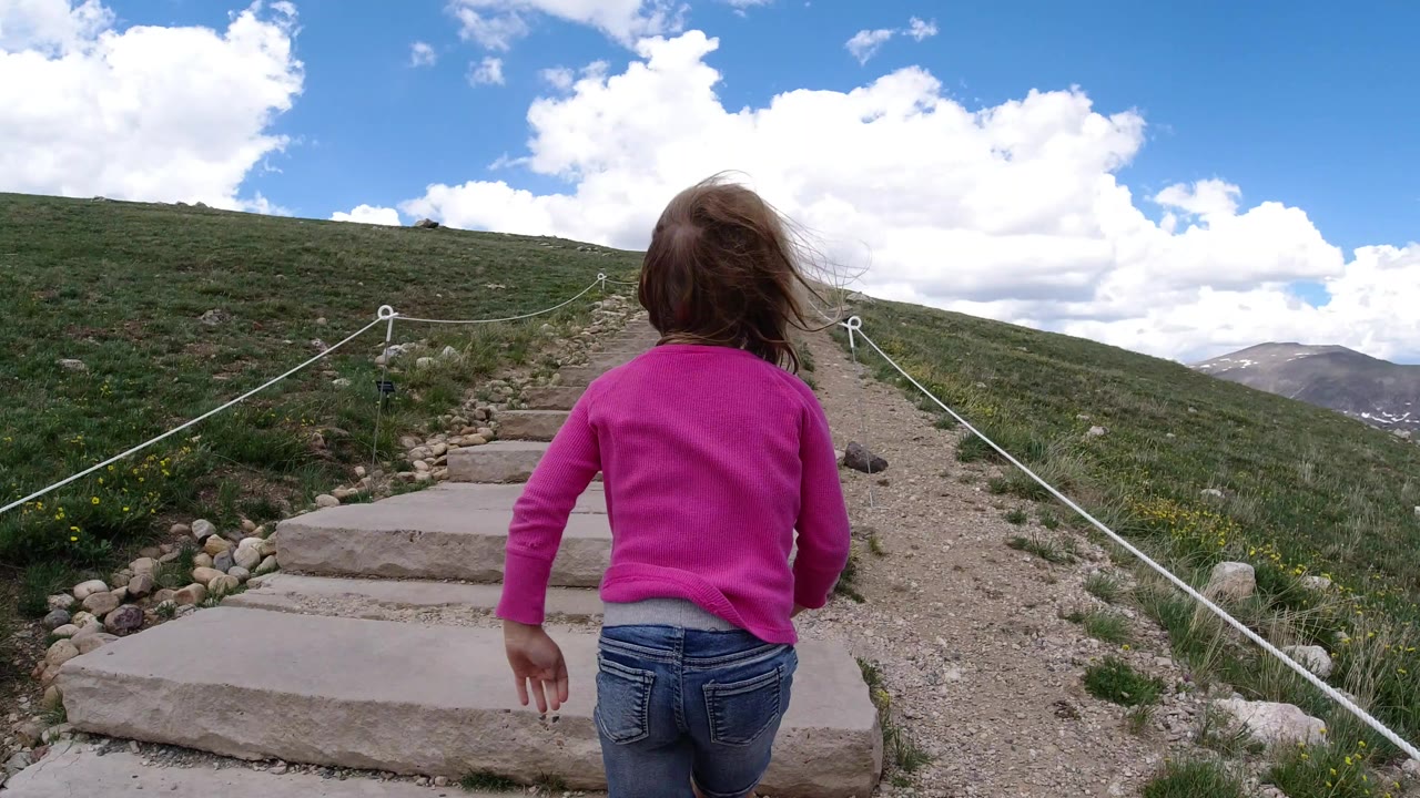 Young girl in a pink top approaches stone stairs on a mountain trail.