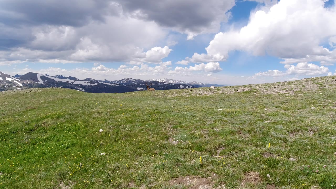 Wide Winter Park, Colorado landscape with green grass in the foreground, snow-streaked mountains on the horizon, heavy white and gray clouds overhead, and no visible people.