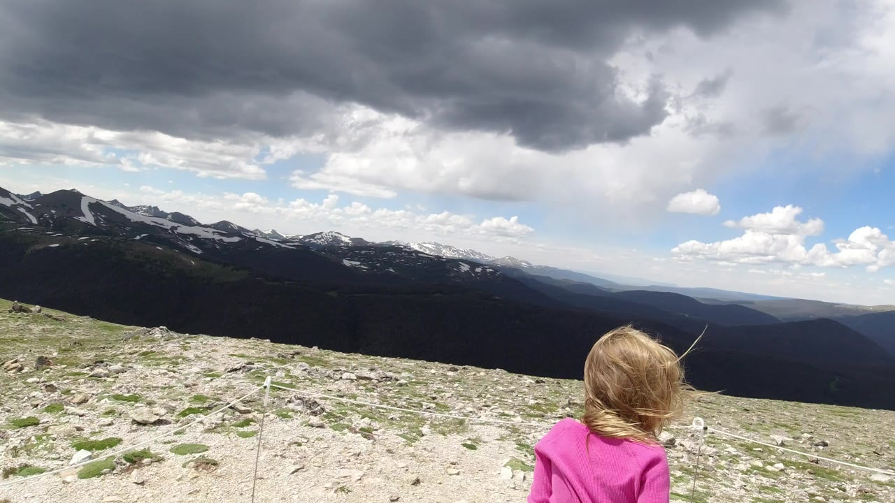 Child in a pink top facing distant mountains under dark clouds.