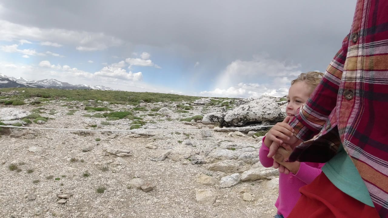 Adult and blond child holding hands beside a rocky mountain field.