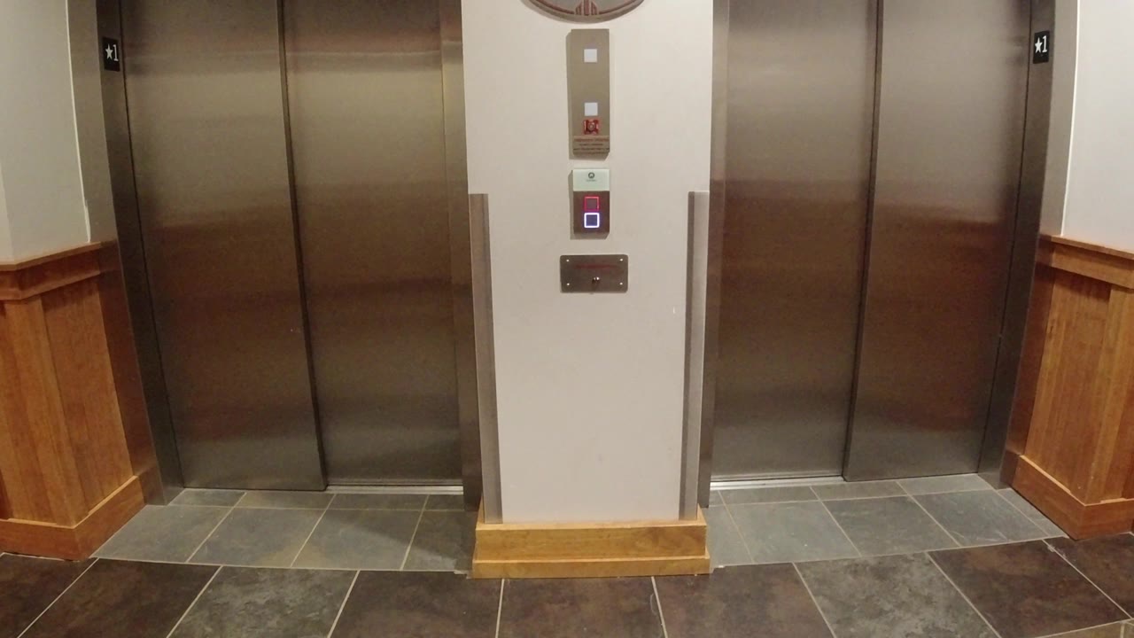 Two closed elevator doors separated by a white wall panel.