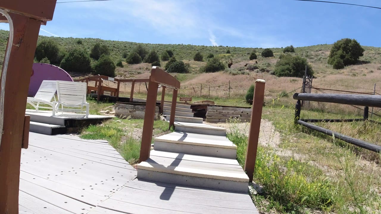 Deck walkway with steps, brown railings, lounge chairs, and grassy hillside.