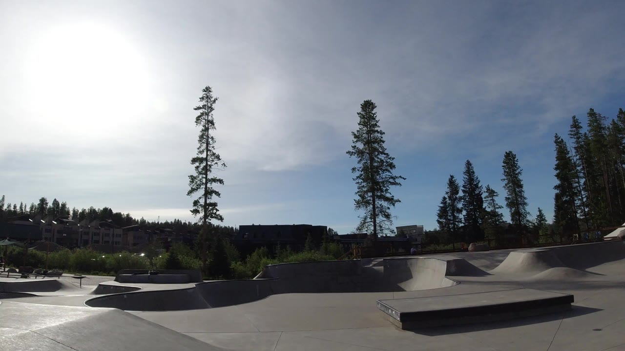 Wide concrete skate park under bright sun with pine trees in the background.
