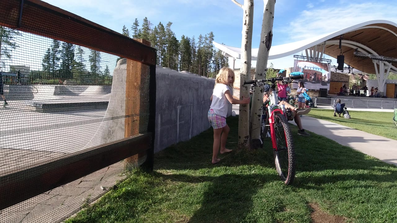 Girl beside a bicycle near a mesh fence and skate area.