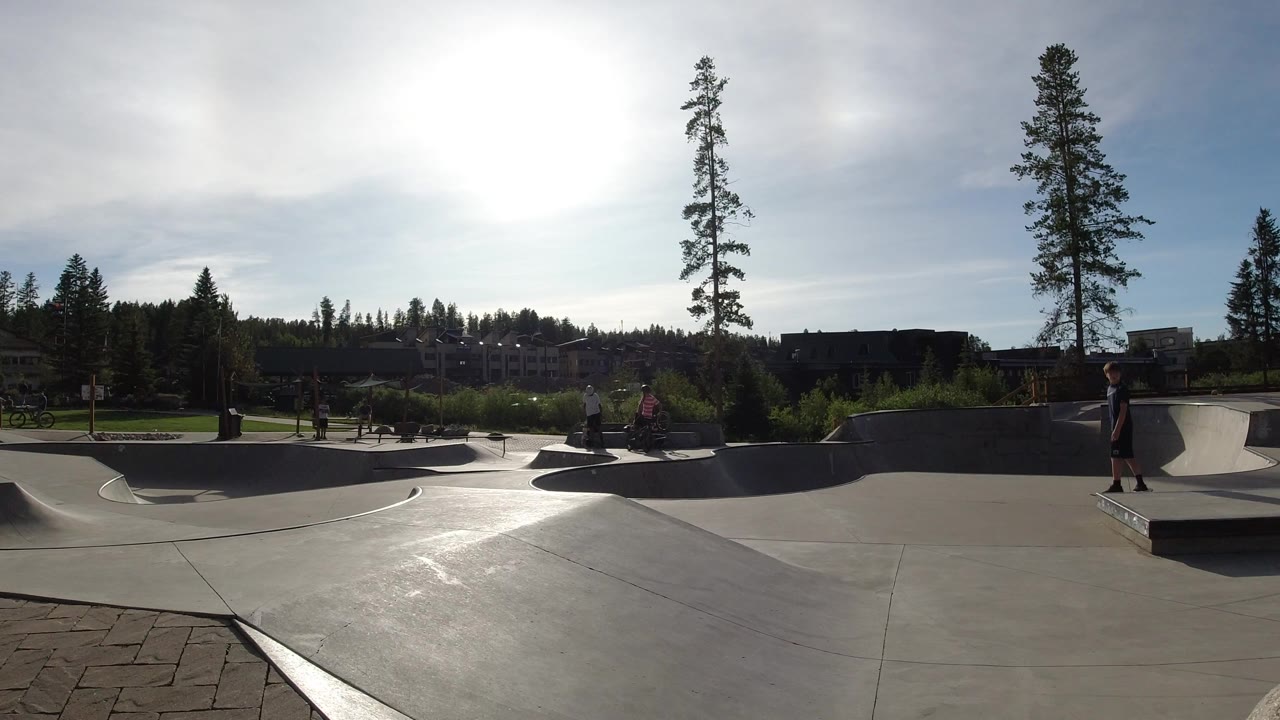 Wide skatepark with ramps, trees, bright sun, and people in the distance.